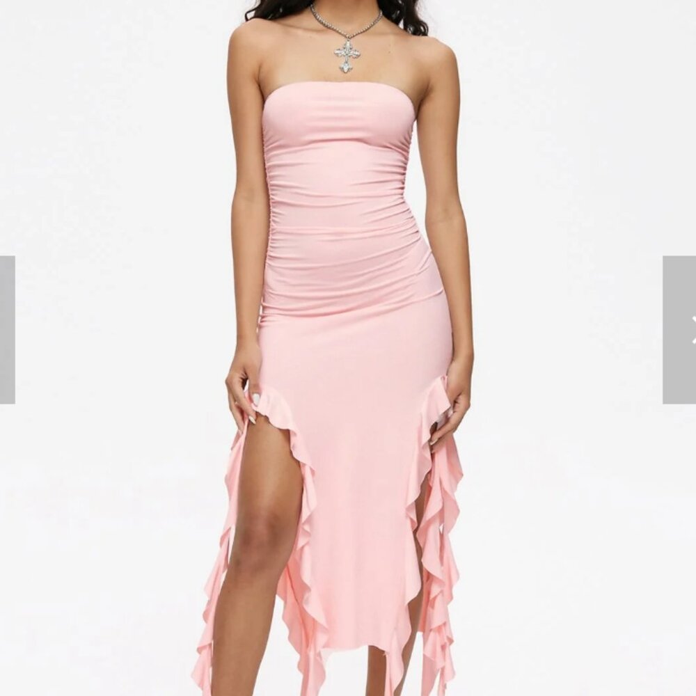 Baby Pink Ruffles Tube Dress Midi Dress
